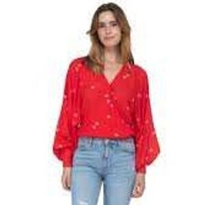 BTFL-life Red Polka Dot V-Neck Long Sleeve Blouse Women's Size Large New